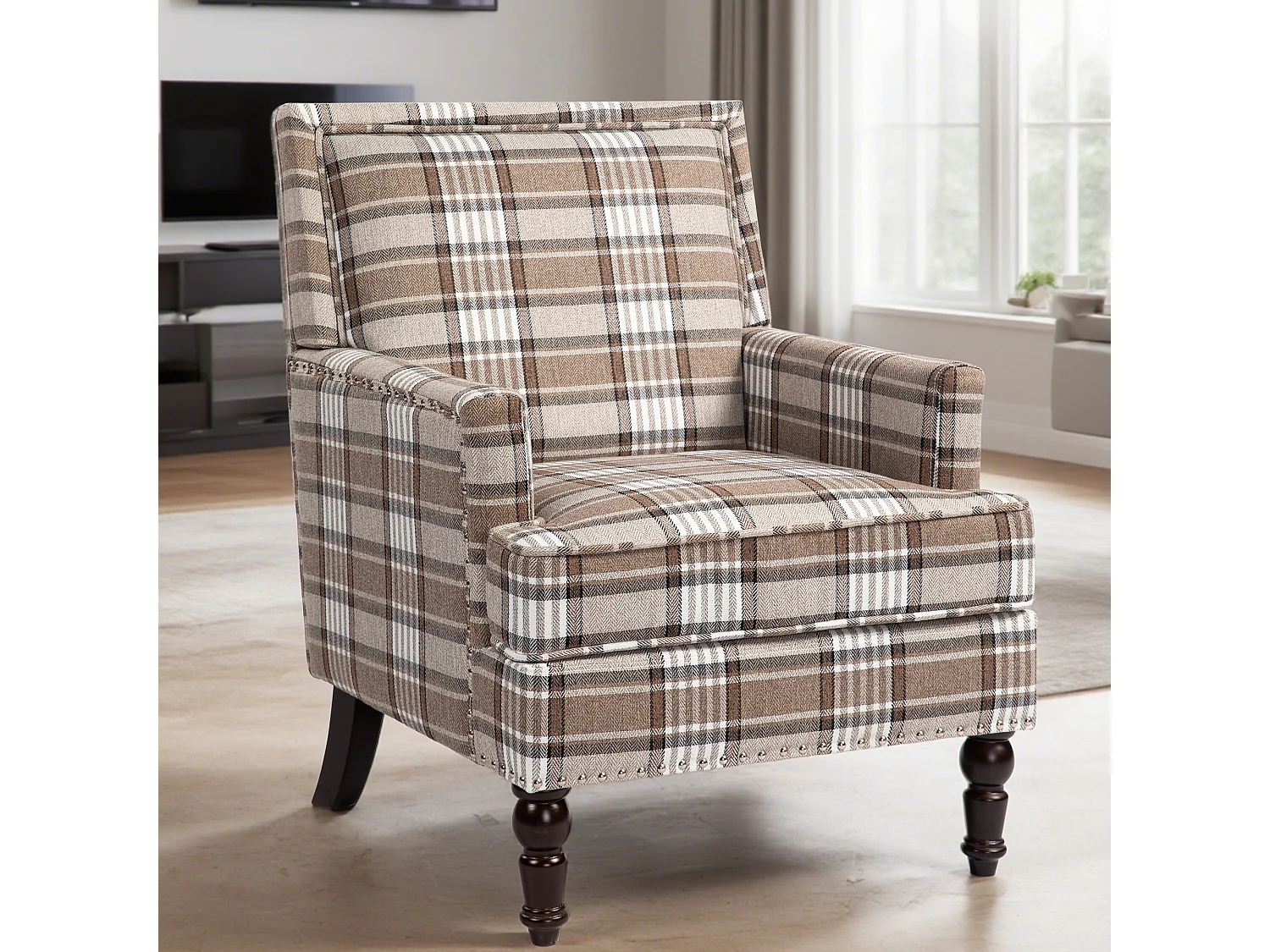 Fauteuil simple en coton et lin à rayures marron et blanc, pieds en bois