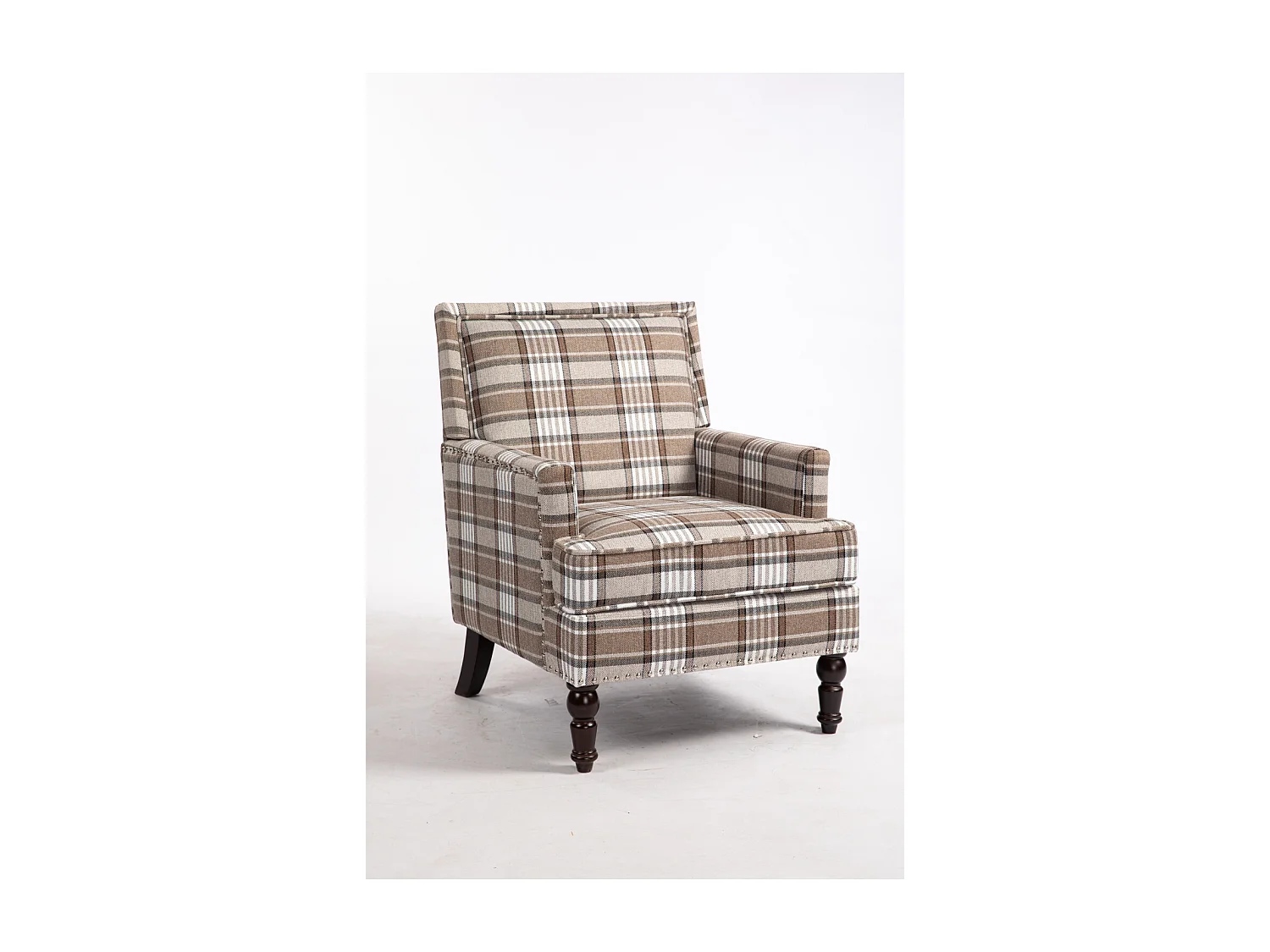 Fauteuil simple en coton et lin à rayures marron et blanc, pieds en bois