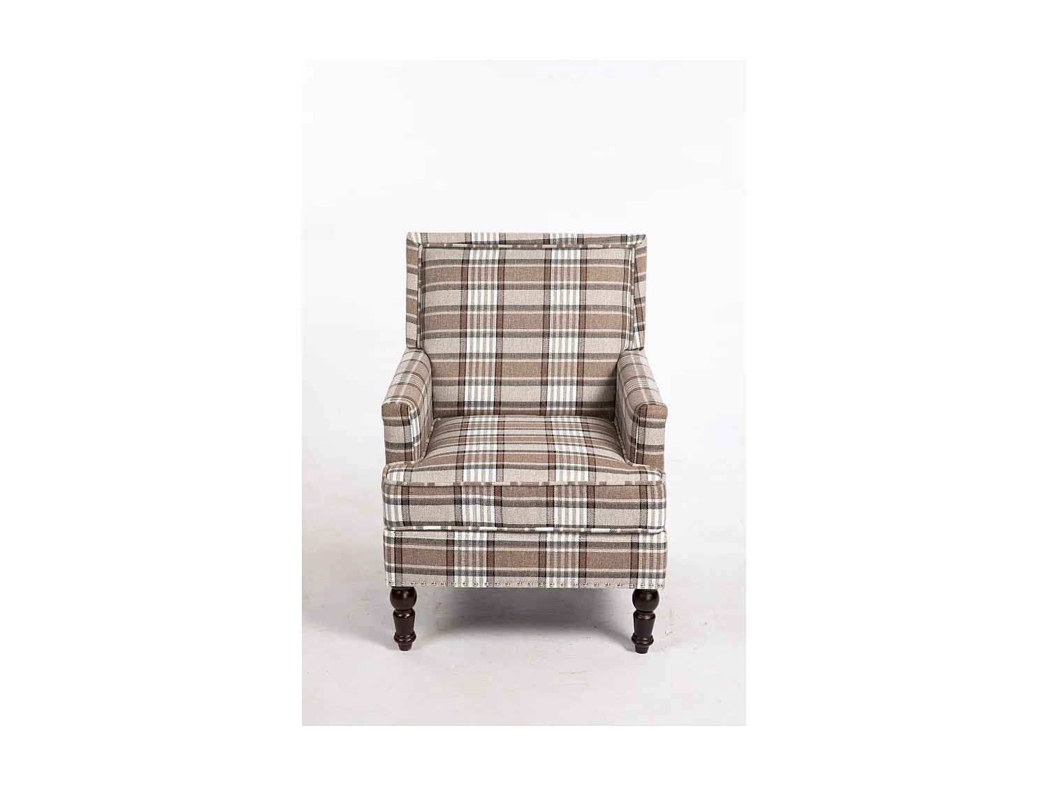 Fauteuil simple en coton et lin à rayures marron et blanc, pieds en bois