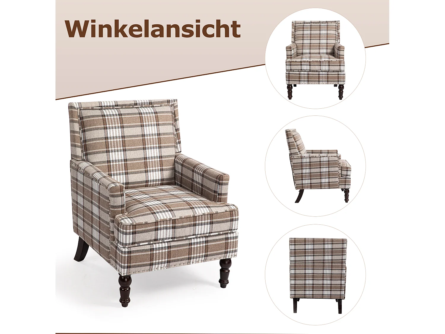 Fauteuil simple en coton et lin à rayures marron et blanc, pieds en bois