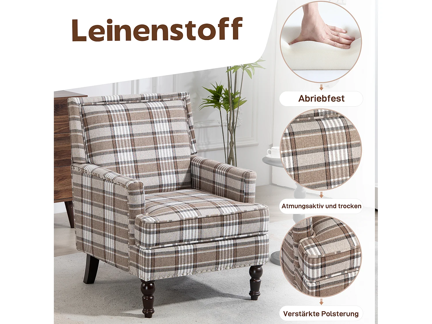 Fauteuil simple en coton et lin à rayures marron et blanc, pieds en bois