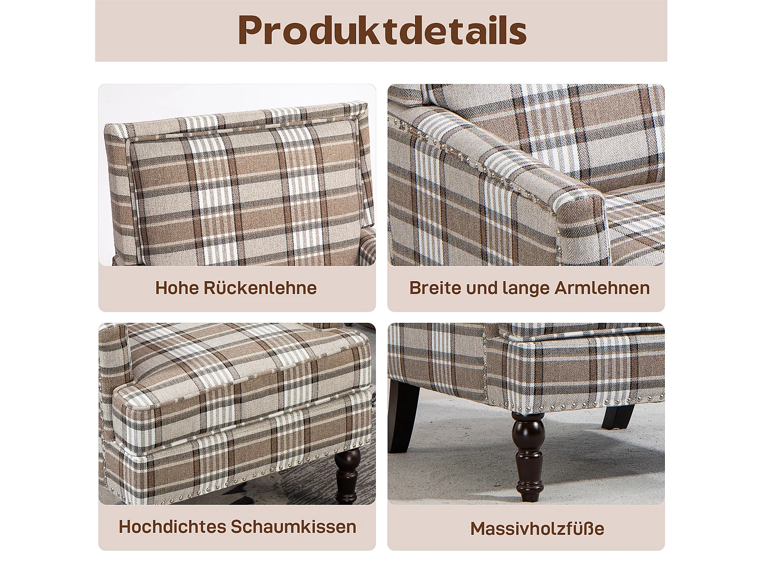 Fauteuil simple en coton et lin à rayures marron et blanc, pieds en bois