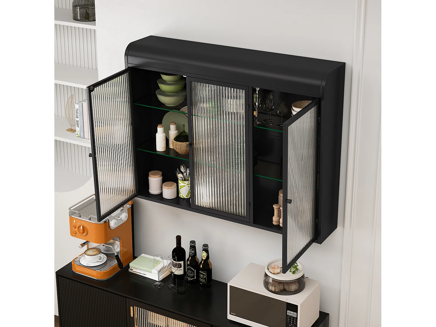 Armoire murale avec 3 portes - Métal + verre, noir