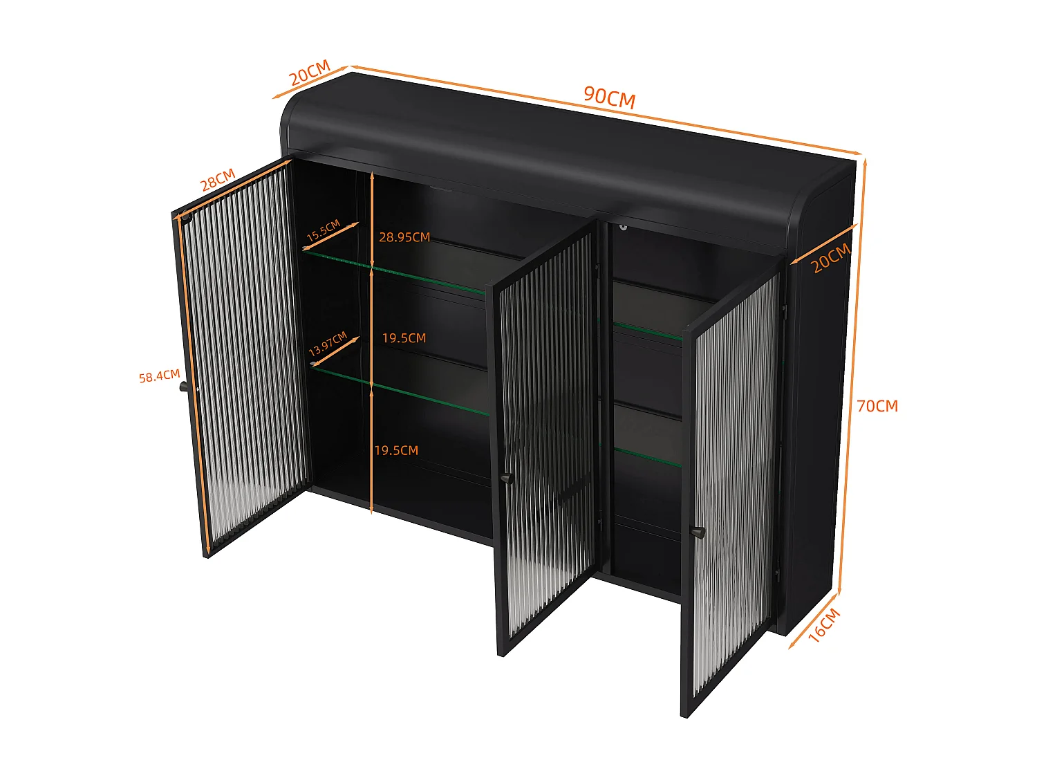 Armoire murale avec 3 portes - Métal + verre, noir
