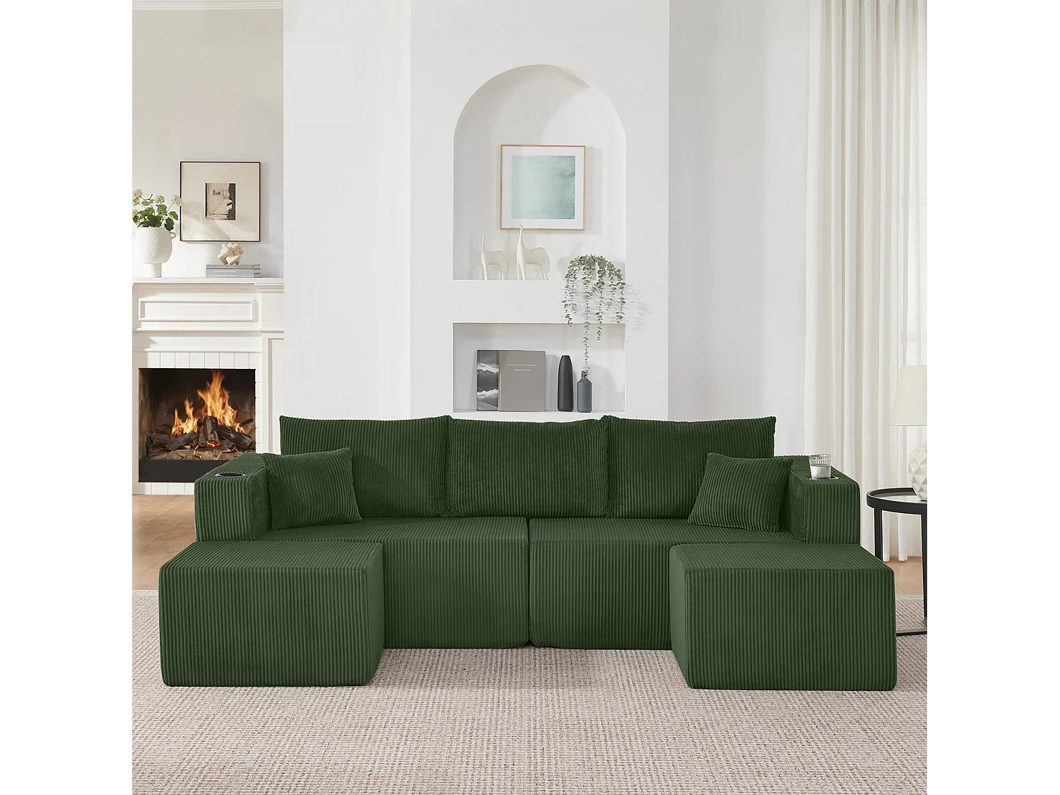 Canapé d’angle 3 places modulable avec 2 poufs et porte-gobelets - Velours côtelé vert