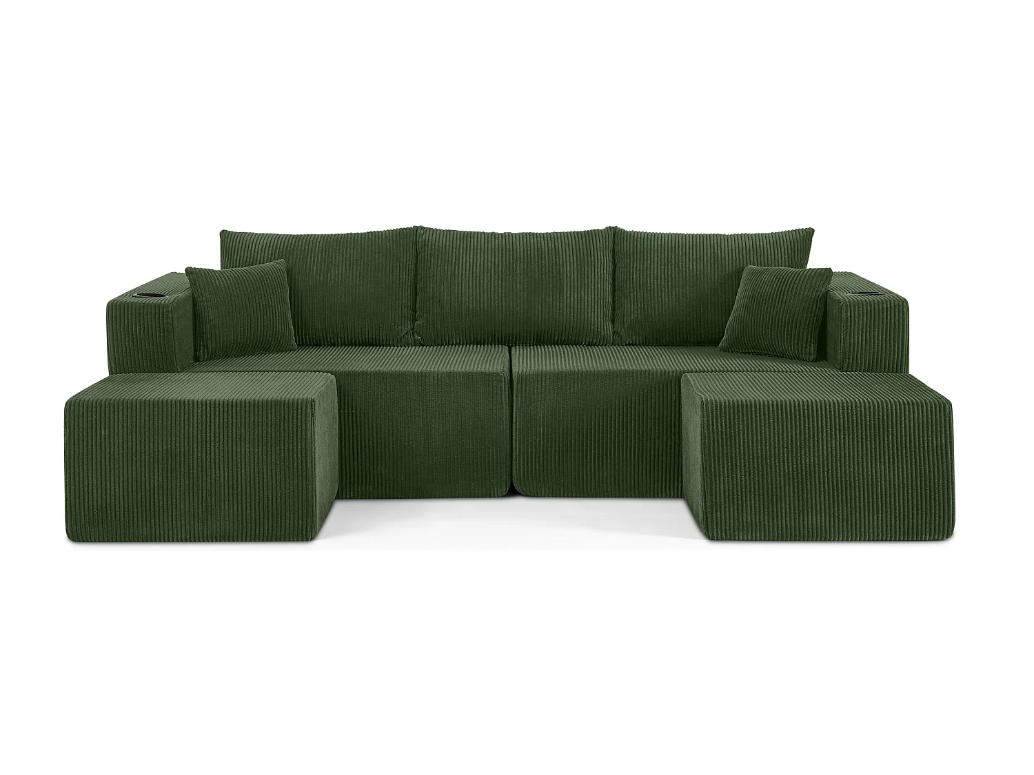 Canapé d’angle 3 places modulable avec 2 poufs et porte-gobelets - Velours côtelé vert