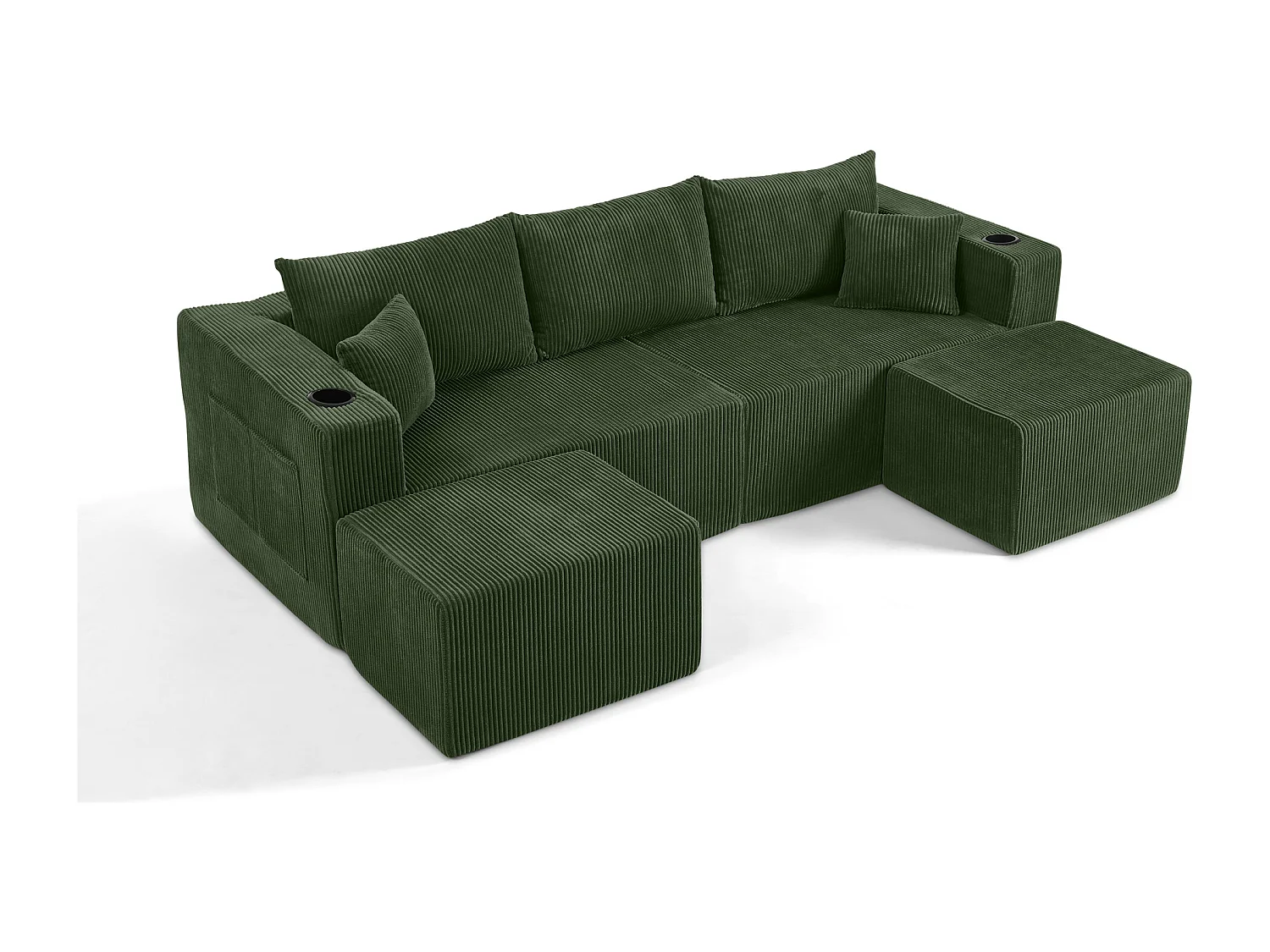 Canapé d’angle 3 places modulable avec 2 poufs et porte-gobelets - Velours côtelé vert