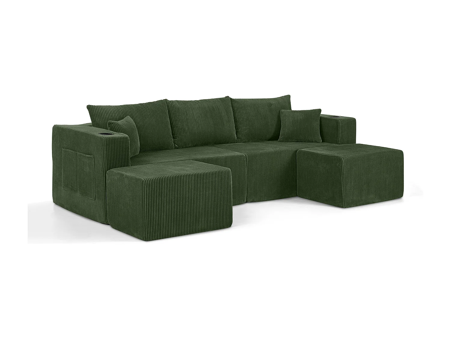 Canapé d’angle 3 places modulable avec 2 poufs et porte-gobelets - Velours côtelé vert