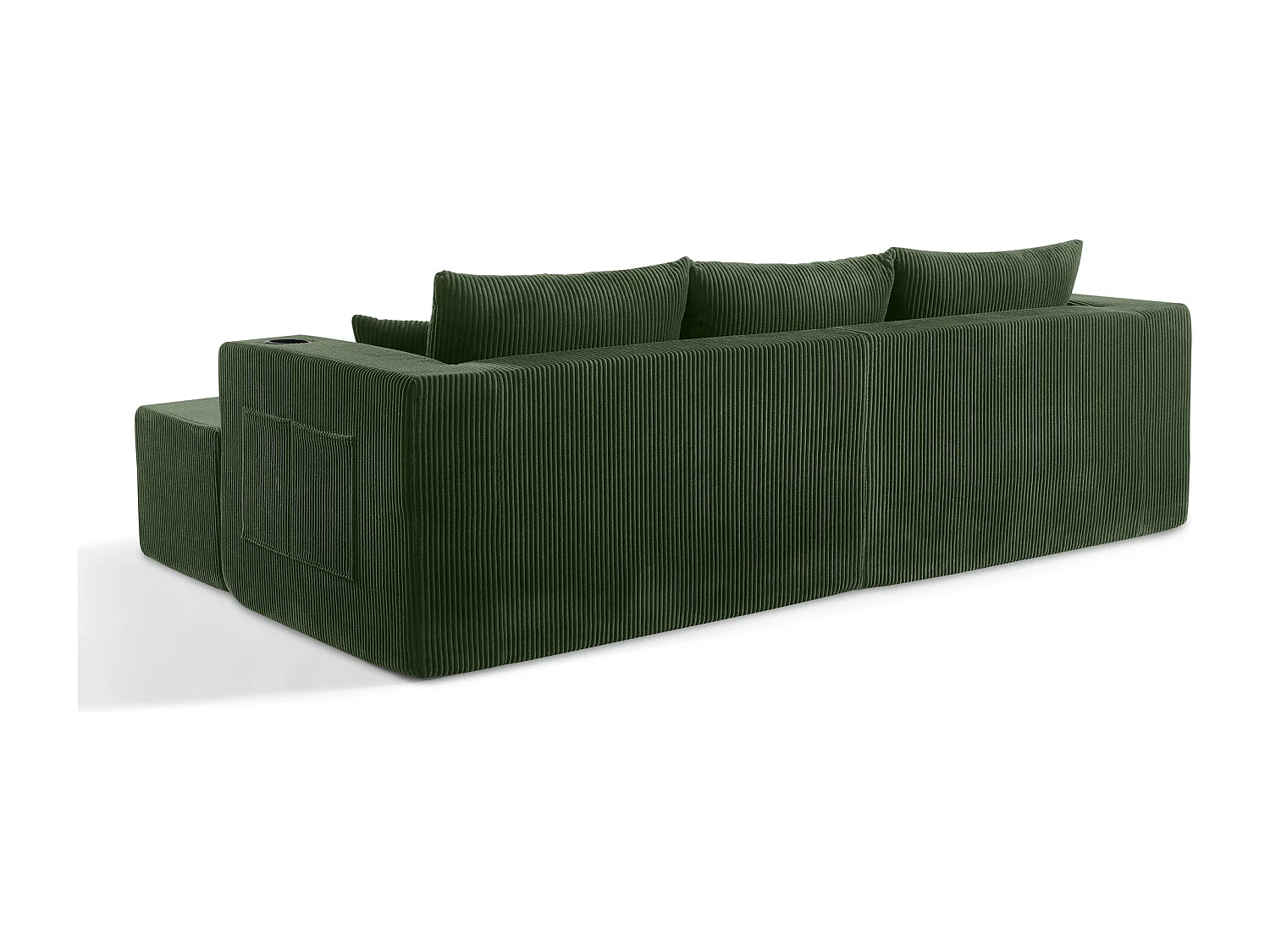 Canapé d’angle 3 places modulable avec 2 poufs et porte-gobelets - Velours côtelé vert