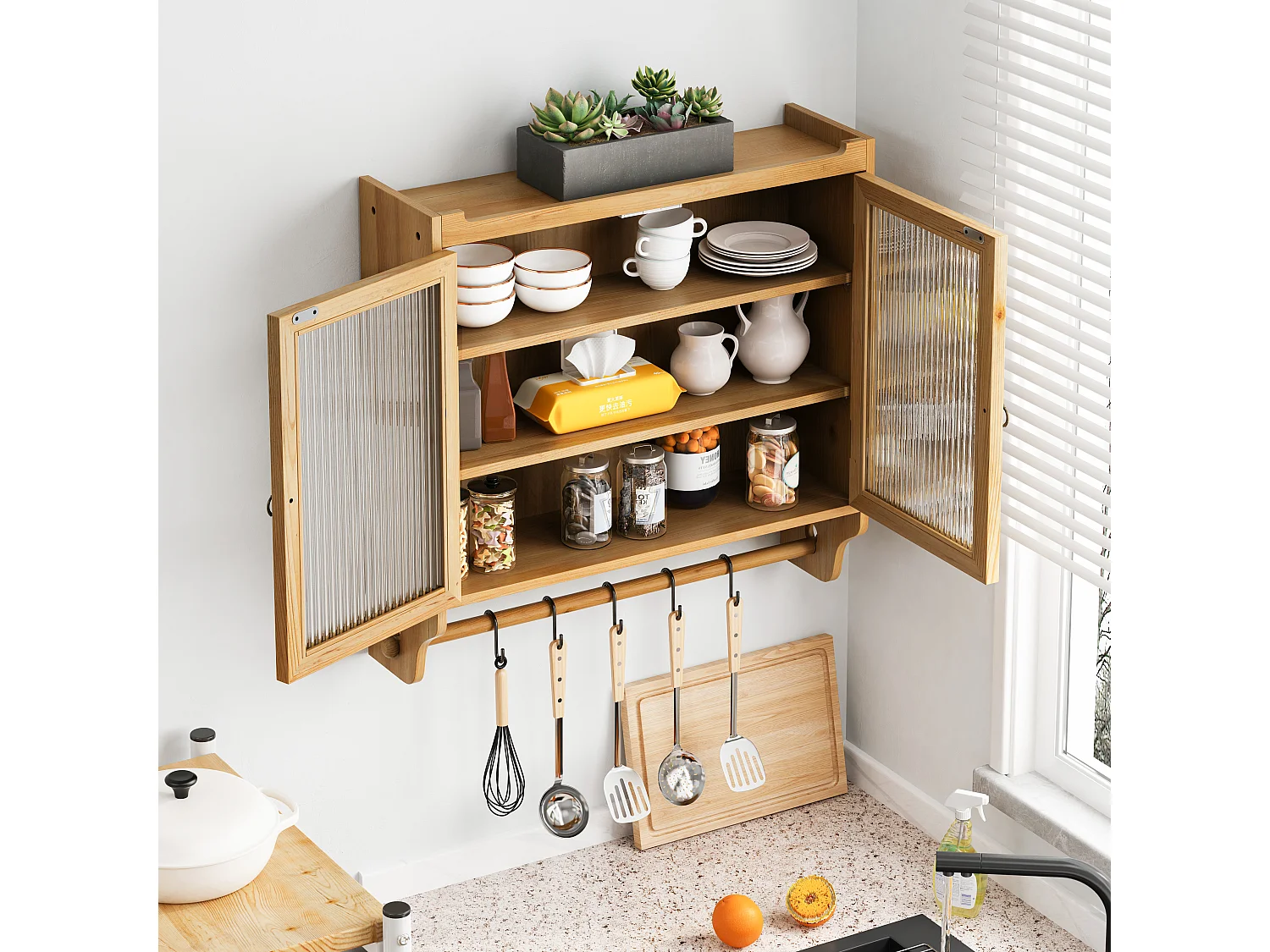 Vintage wandkast met 2 deuren en 3 planken - Hout en glas - Licht natuurlijk