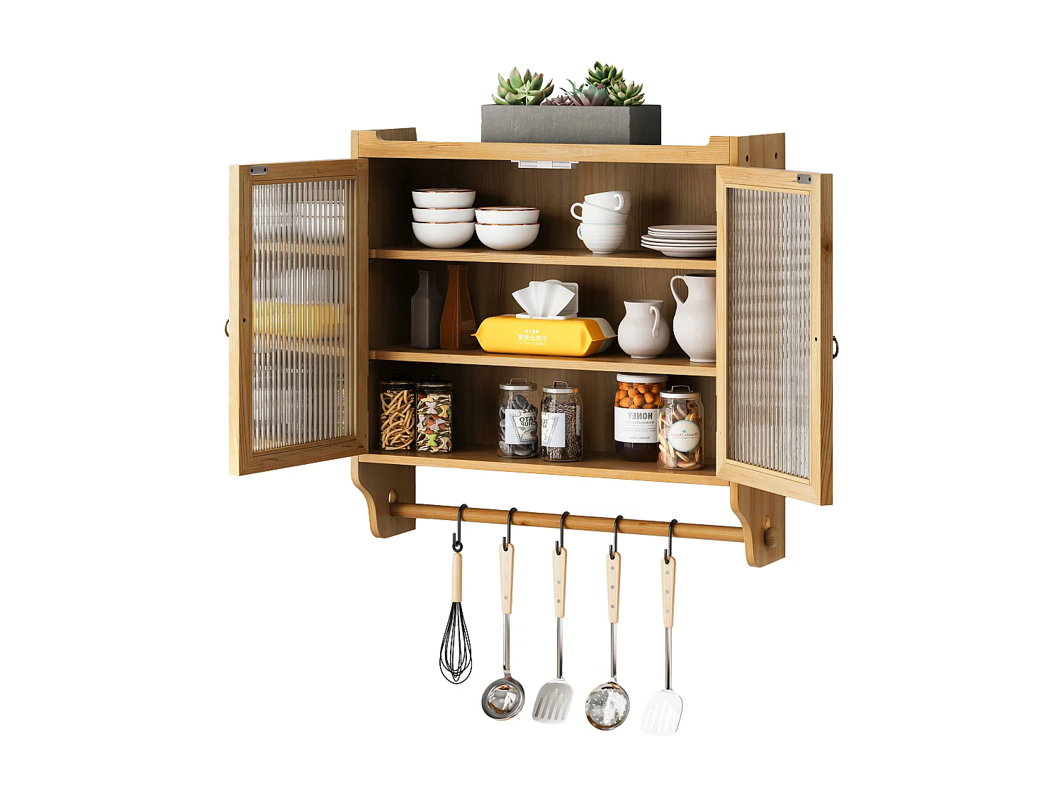 Vintage wandkast met 2 deuren en 3 planken - Hout en glas - Licht natuurlijk