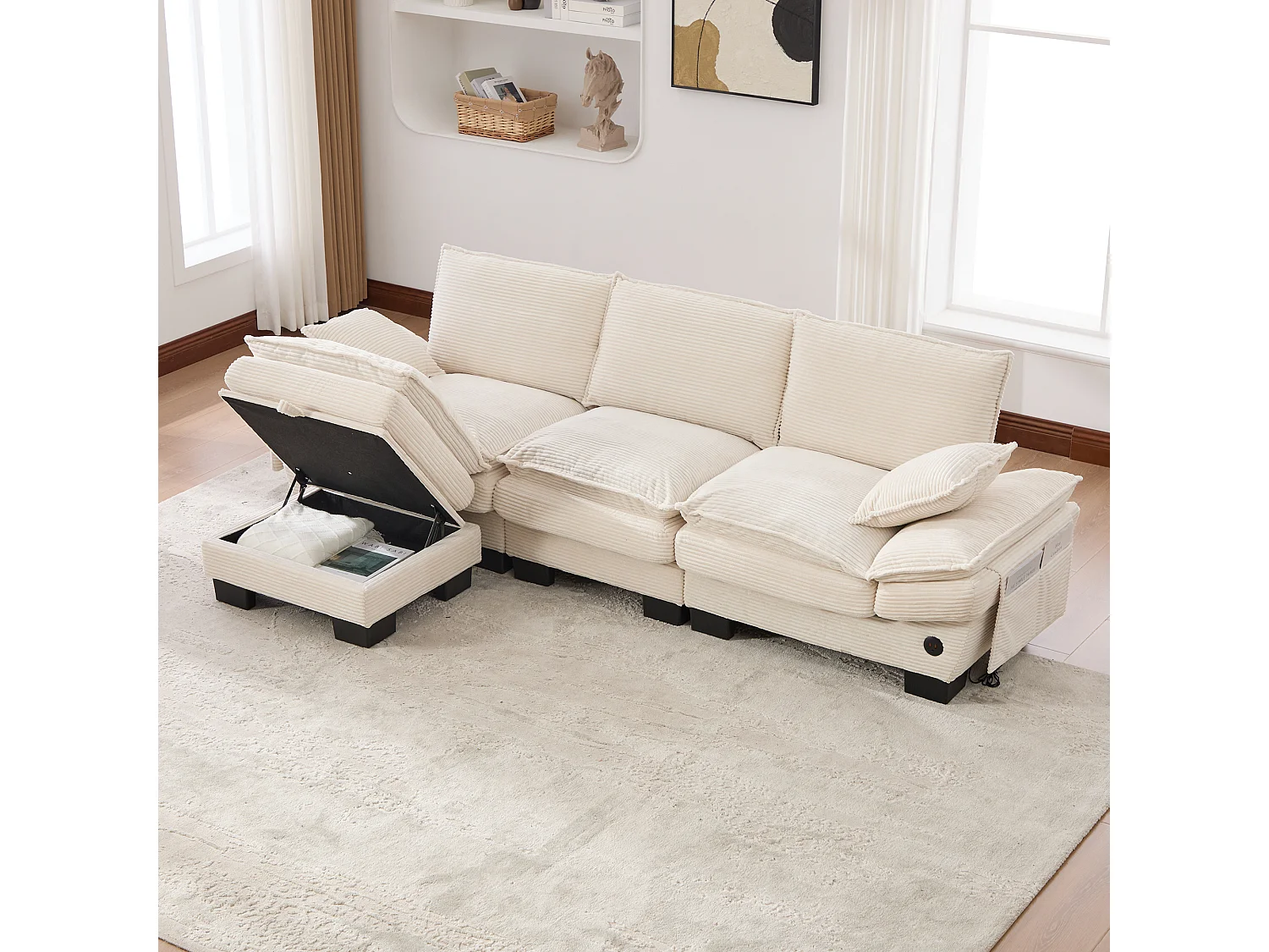 Canapé d'angle 3 places modulable avec pouf, USB-C et poches latérales - Velours côtelé beige