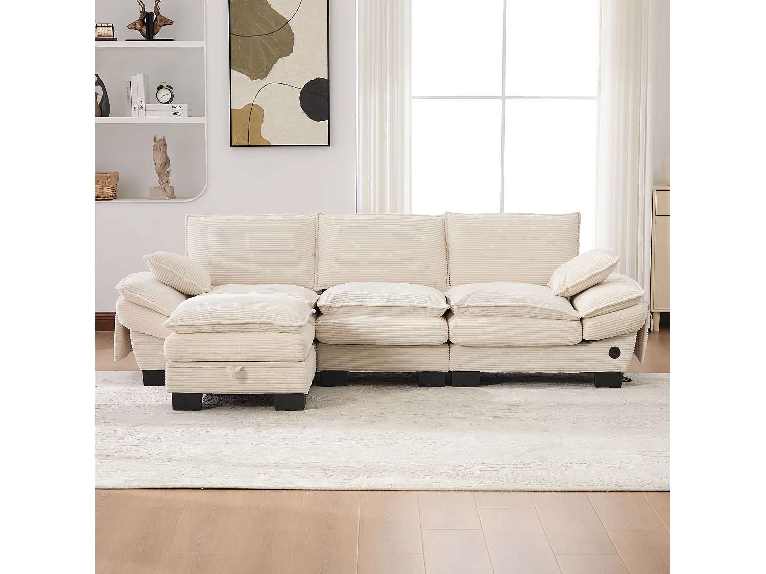 Canapé d'angle 3 places modulable avec pouf, USB-C et poches latérales - Velours côtelé beige