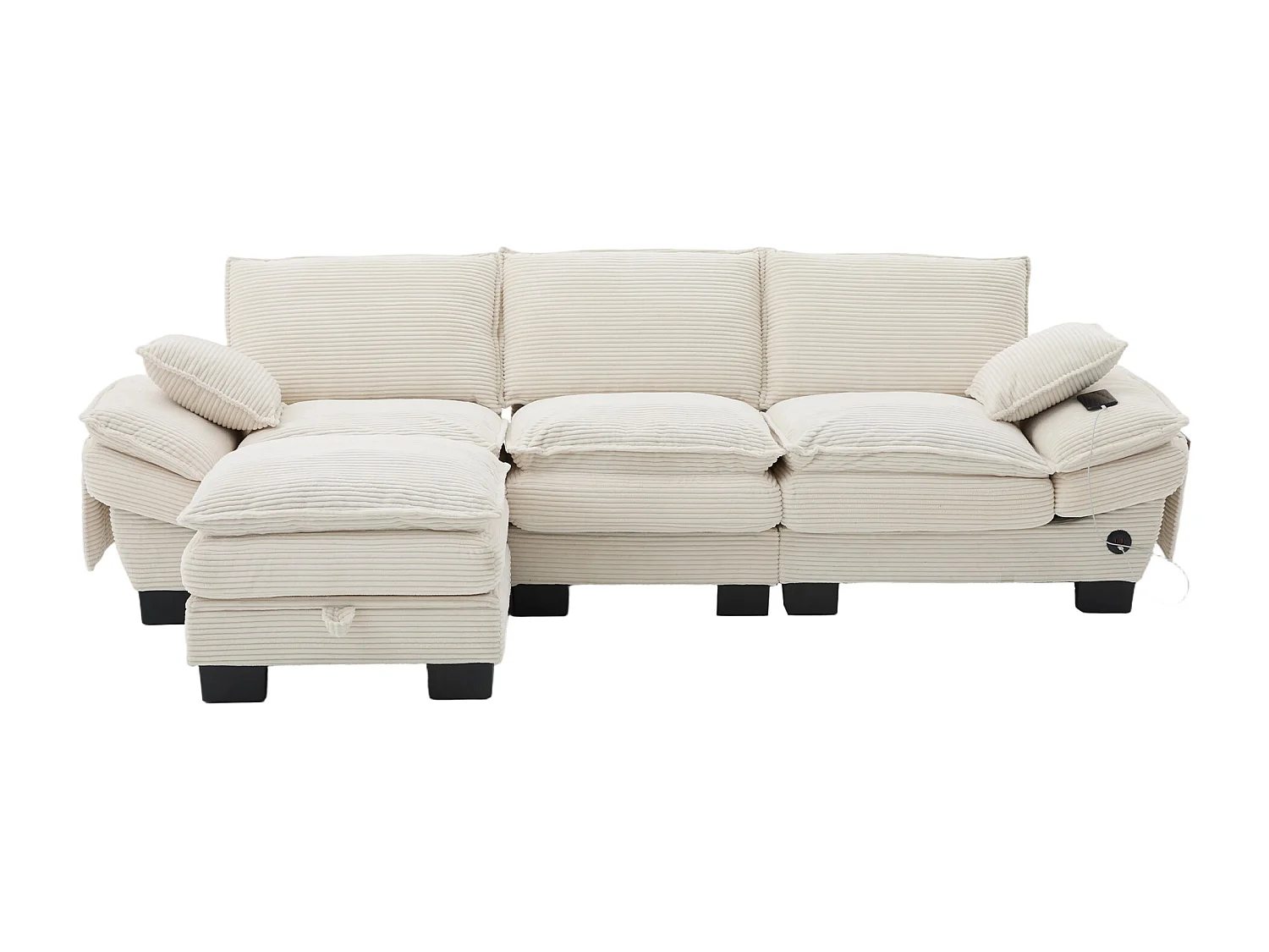 Canapé d'angle 3 places modulable avec pouf, USB-C et poches latérales - Velours côtelé beige