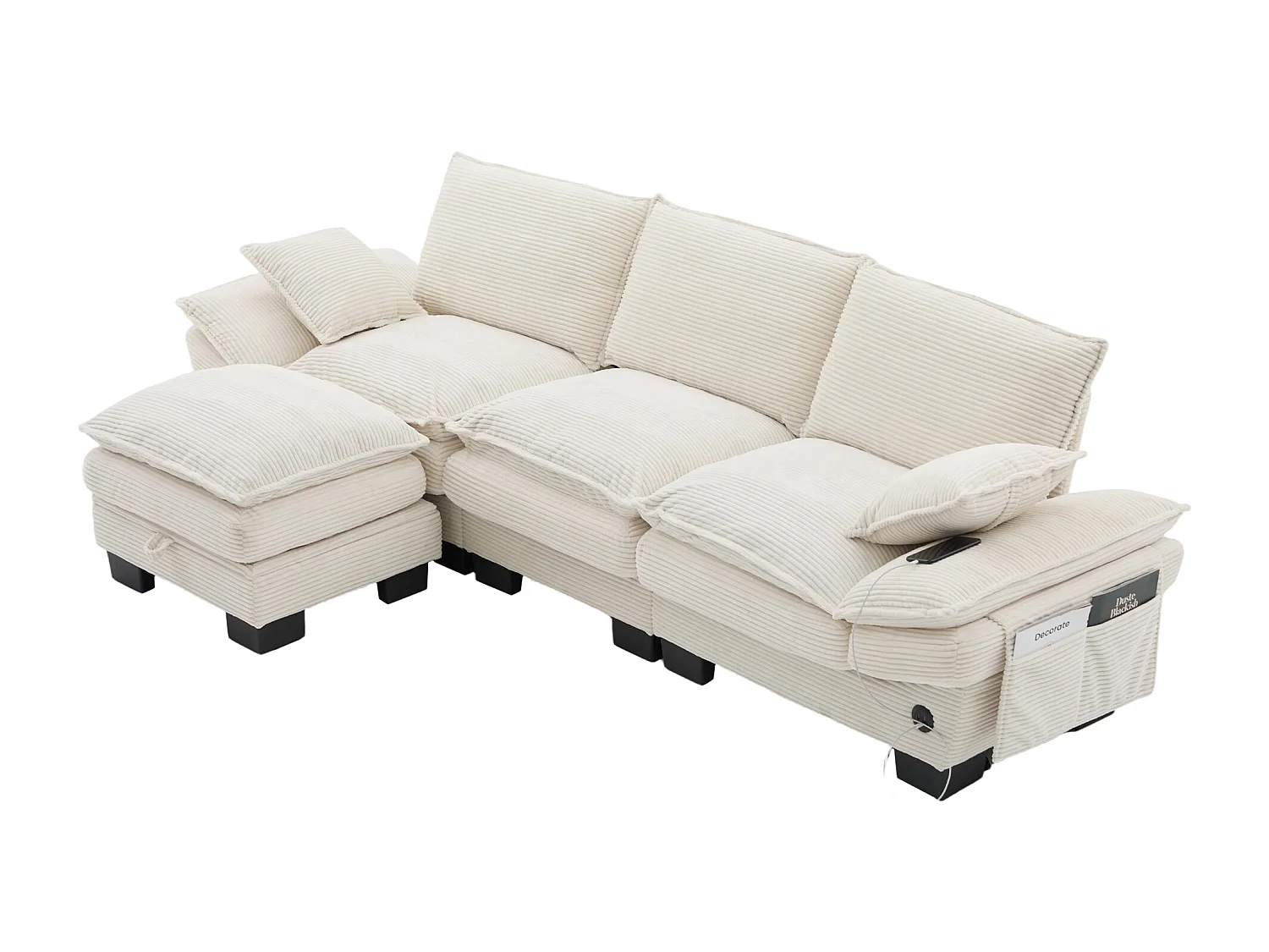 Canapé d'angle 3 places modulable avec pouf, USB-C et poches latérales - Velours côtelé beige