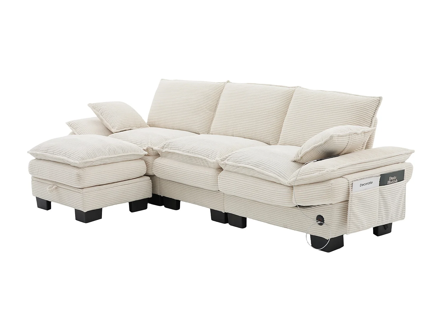 Canapé d'angle 3 places modulable avec pouf, USB-C et poches latérales - Velours côtelé beige