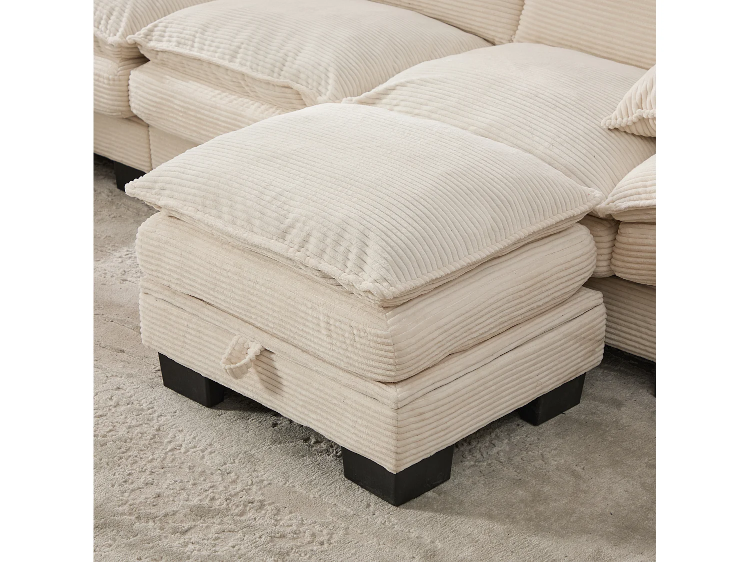 Canapé d'angle 3 places modulable avec pouf, USB-C et poches latérales - Velours côtelé beige