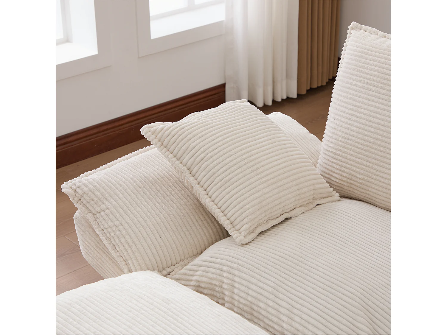 Canapé d'angle 3 places modulable avec pouf, USB-C et poches latérales - Velours côtelé beige