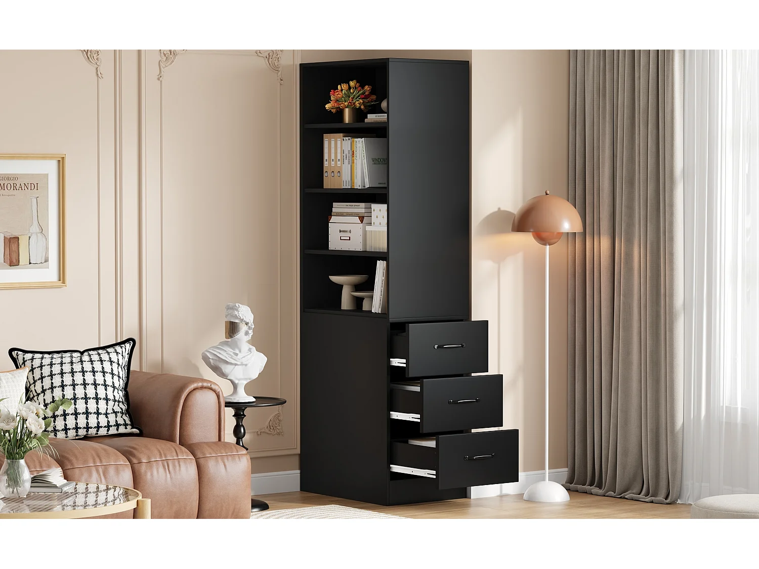 Bibliothèque avec 3 tiroirs latéraux et étagères - Noir 60x38x180 cm