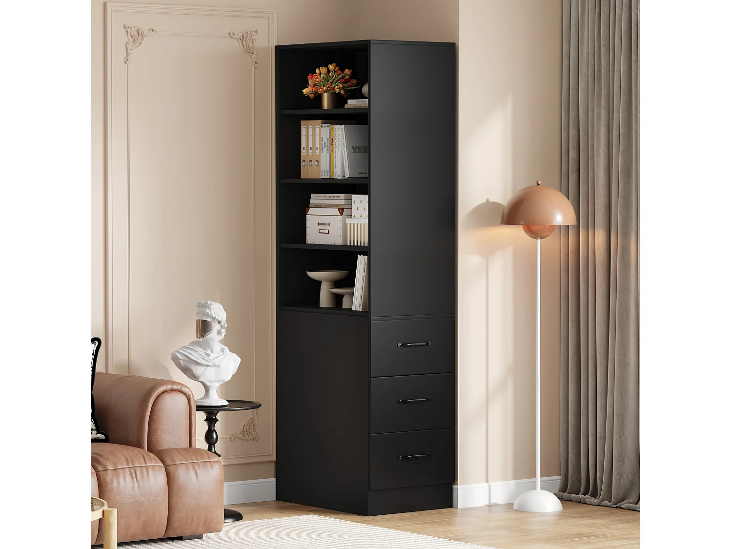 Bibliothèque avec 3 tiroirs latéraux et étagères - Noir 60x38x180 cm