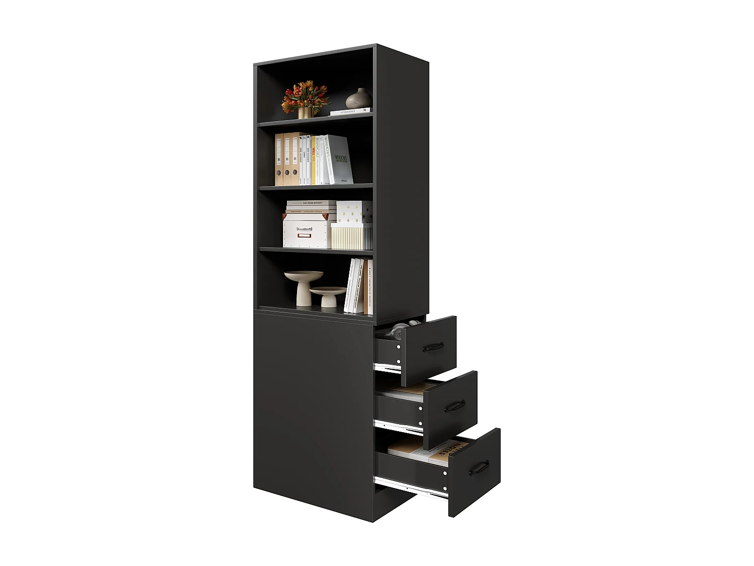 Bibliothèque avec 3 tiroirs latéraux et étagères - Noir 60x38x180 cm