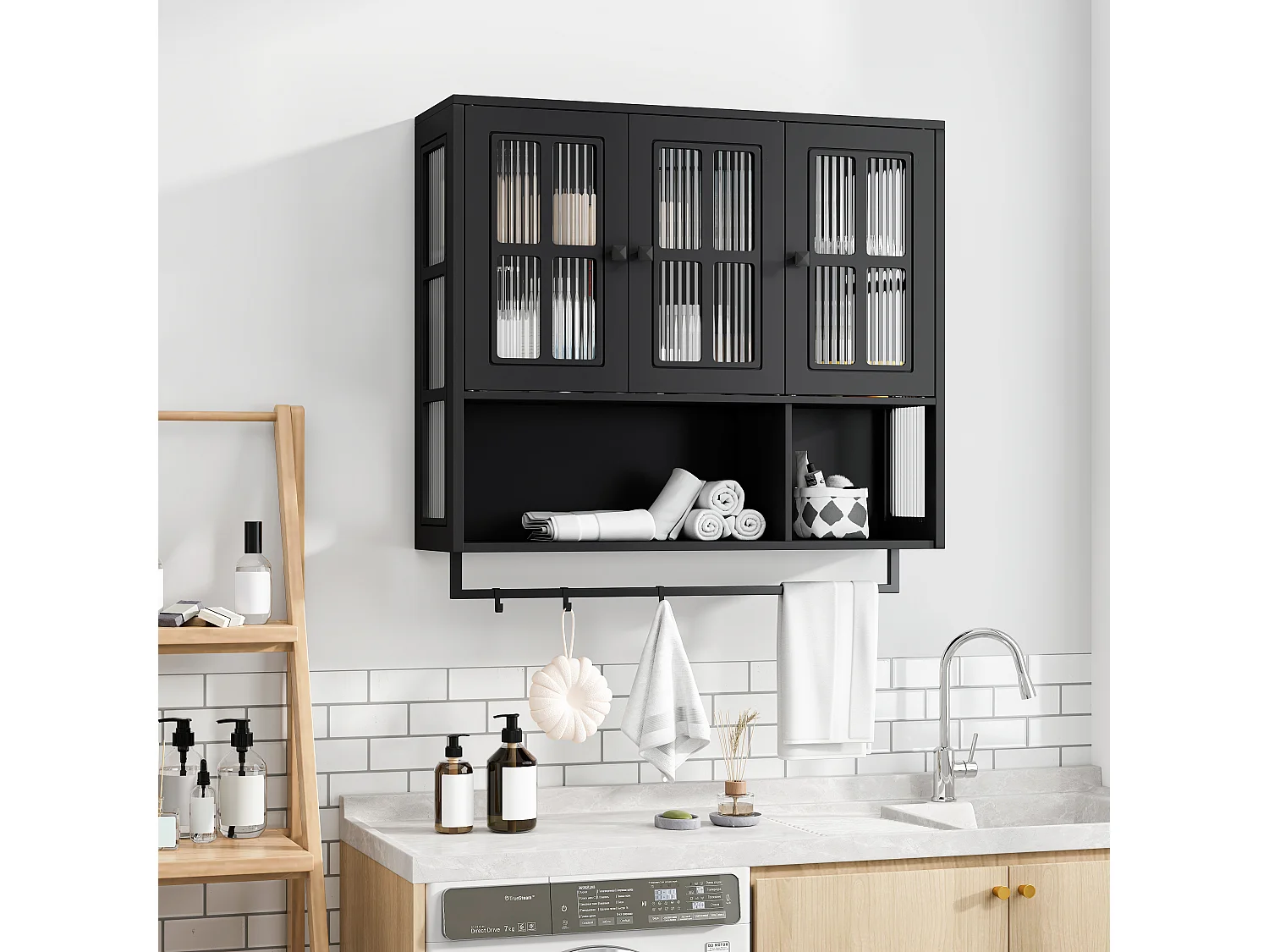 Houten wandkast met 3 deuren - Voor hal, woonkamer, badkamer, zwart