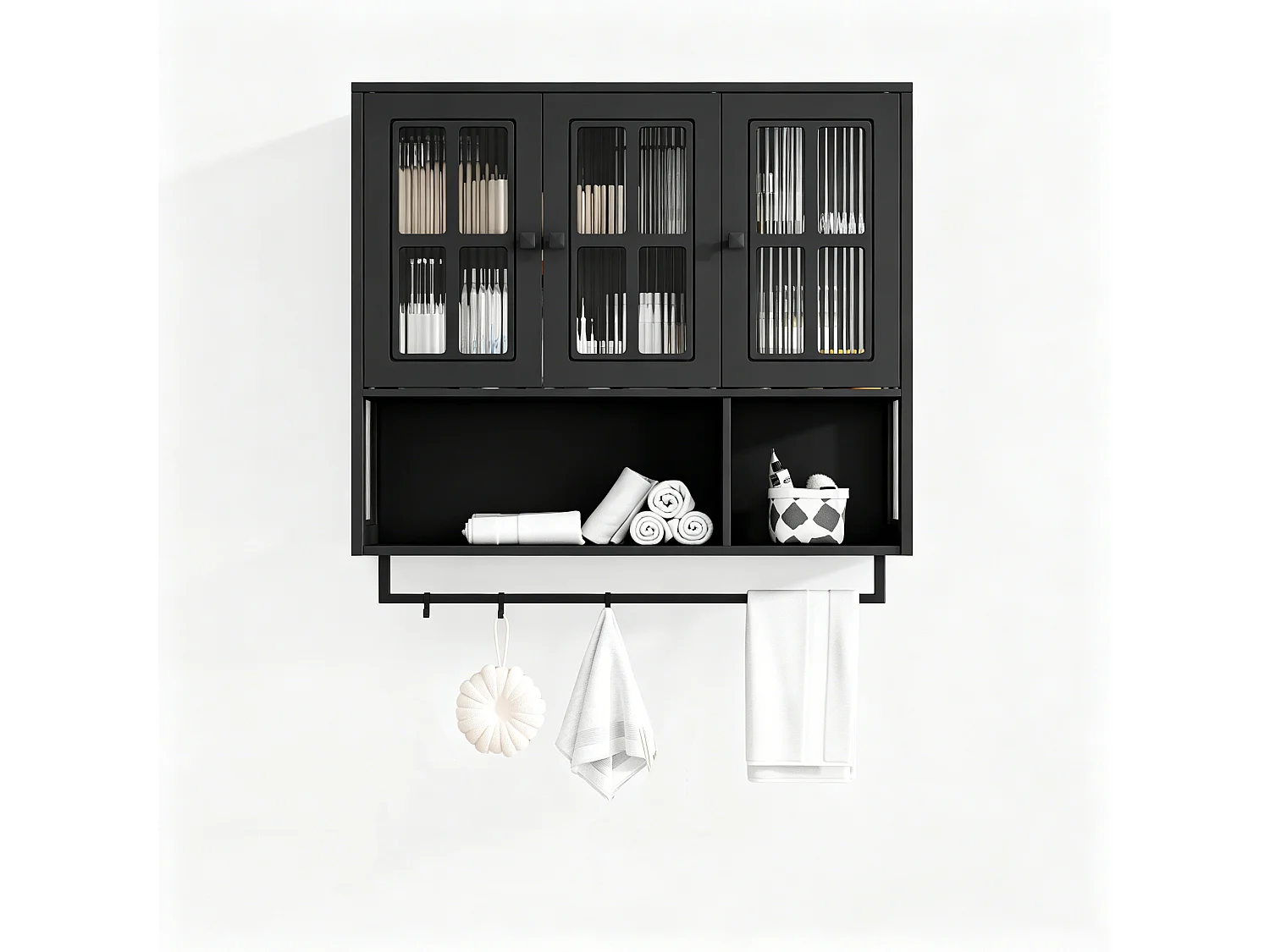 Armoire murale en bois avec 3 portes - Pour entrée, salon, salle de bain, noir