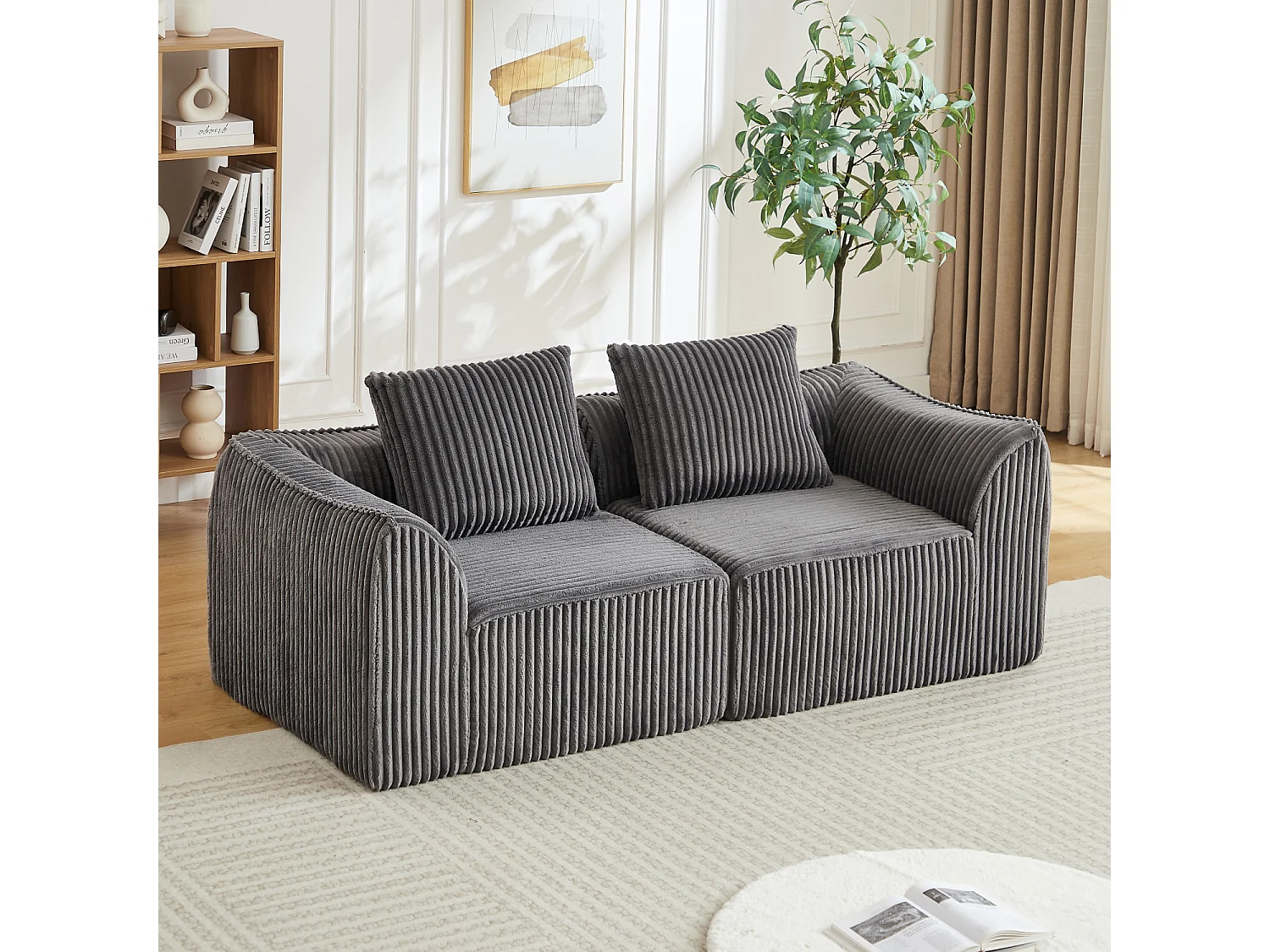 Canapé modulable 2 places en tissu velours côtelé gris avec 2 coussins