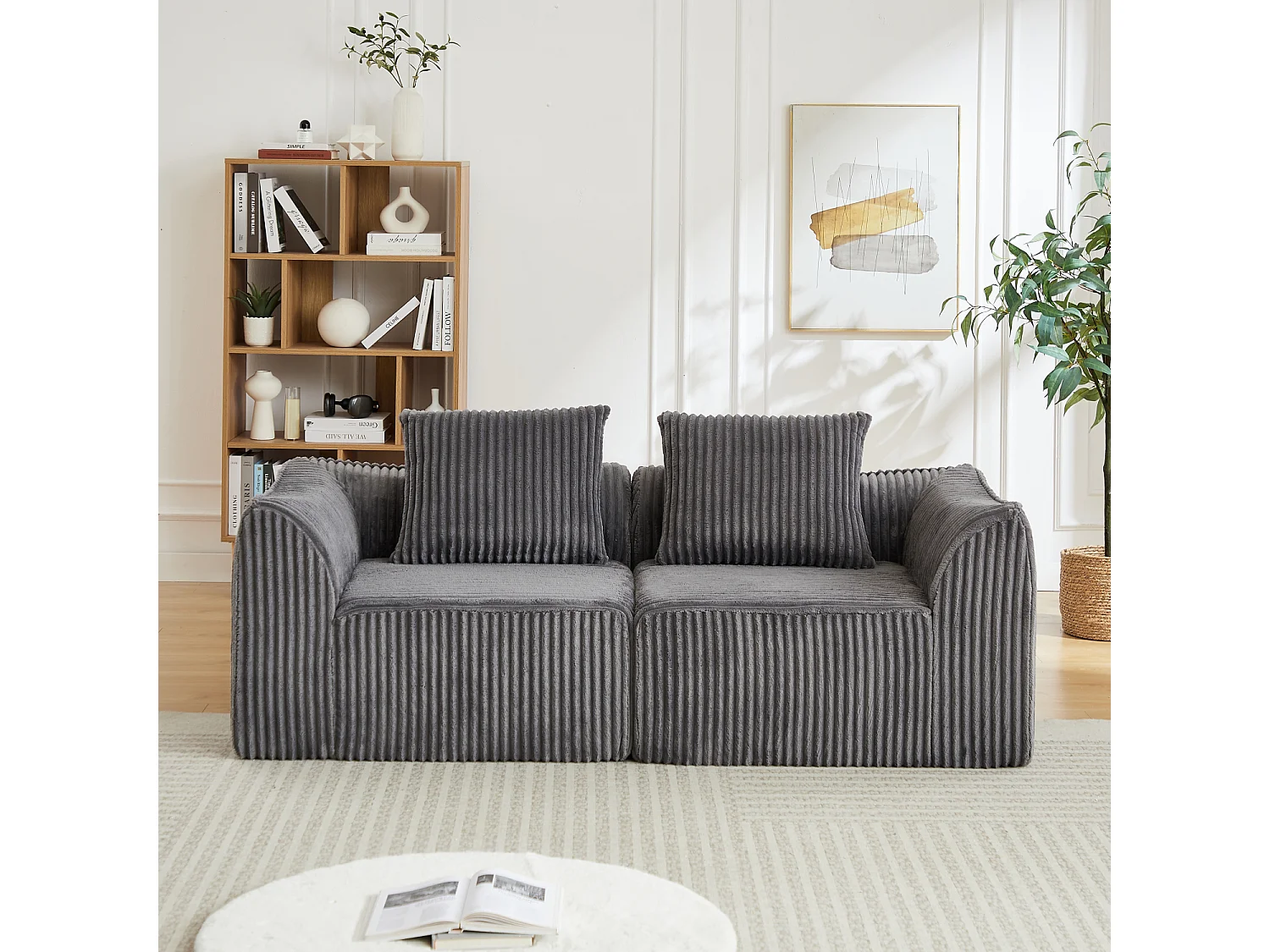 Canapé modulable 2 places en tissu velours côtelé gris avec 2 coussins