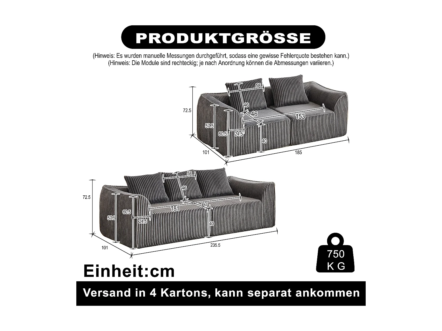 Canapé modulable 2 places en tissu velours côtelé gris avec 2 coussins