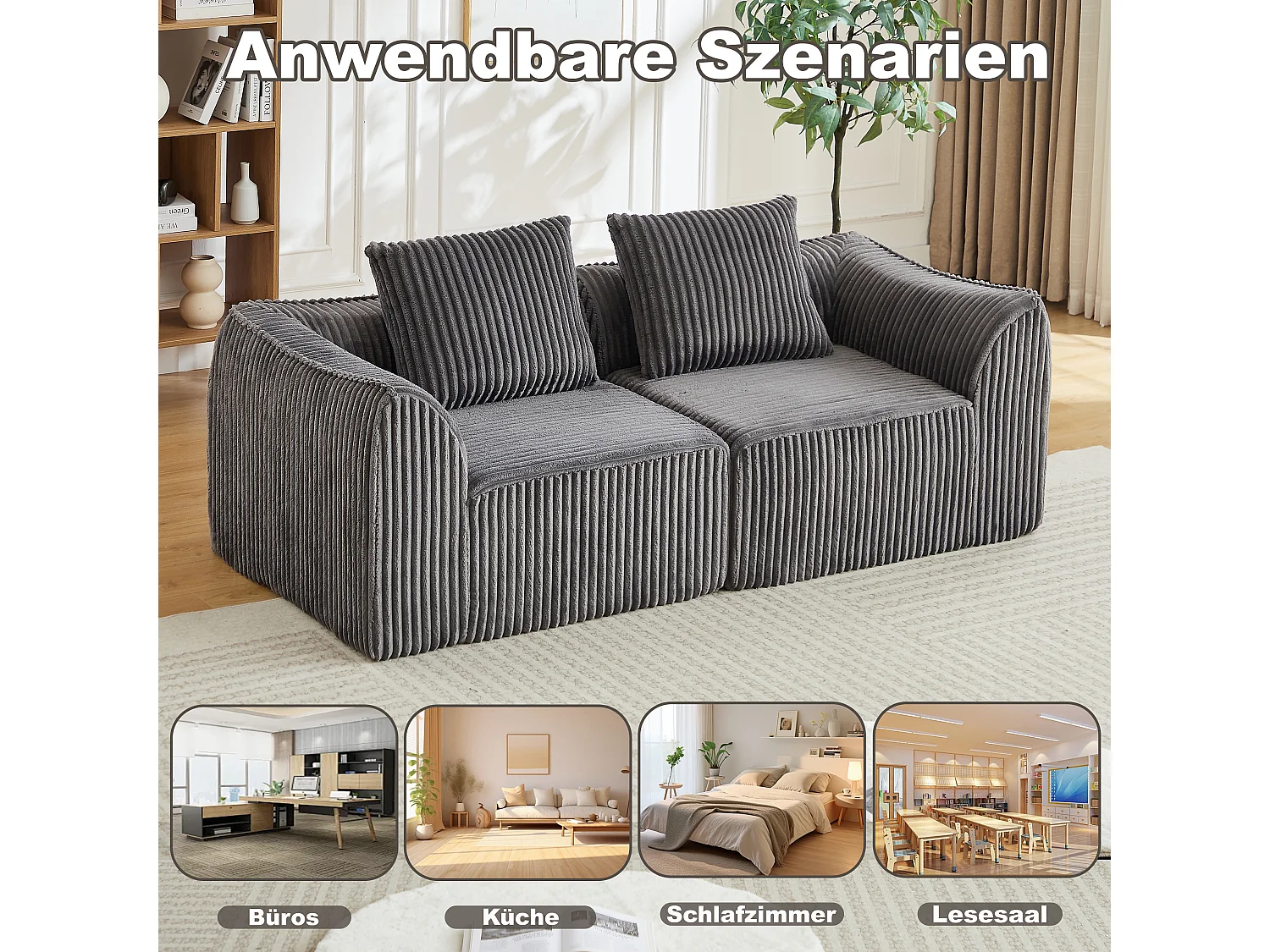 Canapé modulable 2 places en tissu velours côtelé gris avec 2 coussins