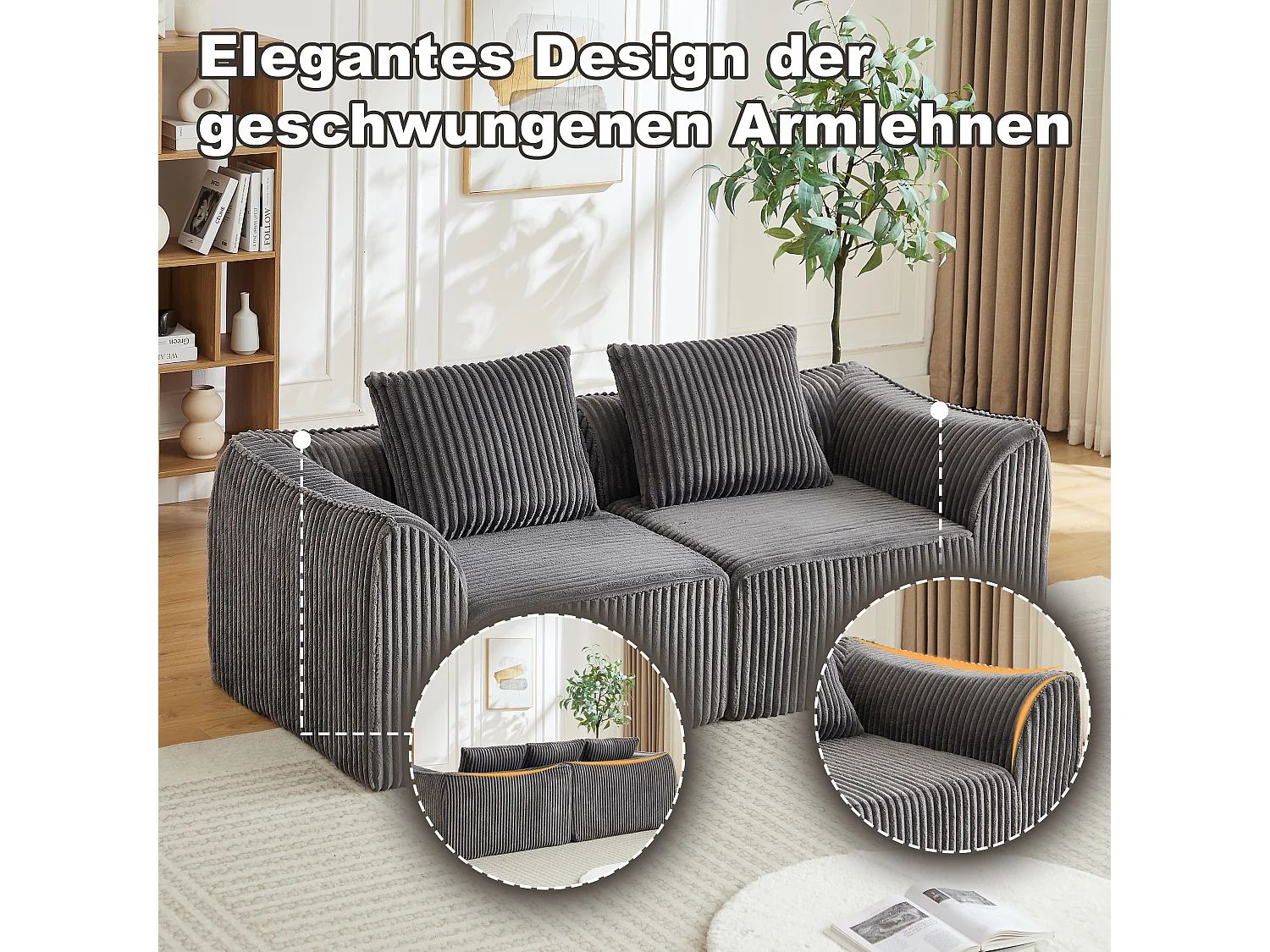 Canapé modulable 2 places en tissu velours côtelé gris avec 2 coussins