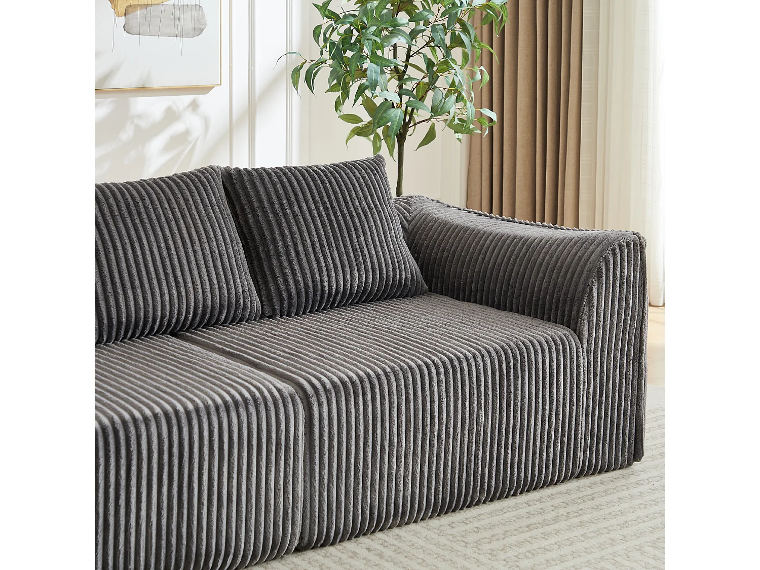 Canapé modulable 2 places en tissu velours côtelé gris avec 2 coussins