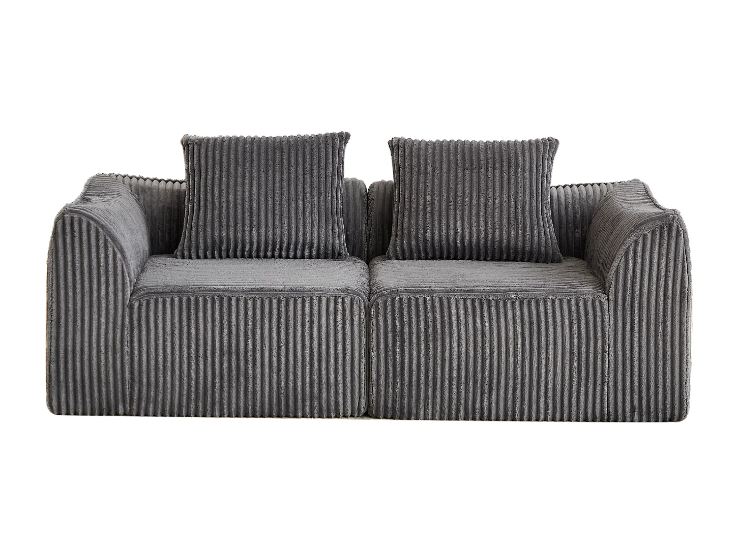 Canapé modulable 2 places en tissu velours côtelé gris avec 2 coussins