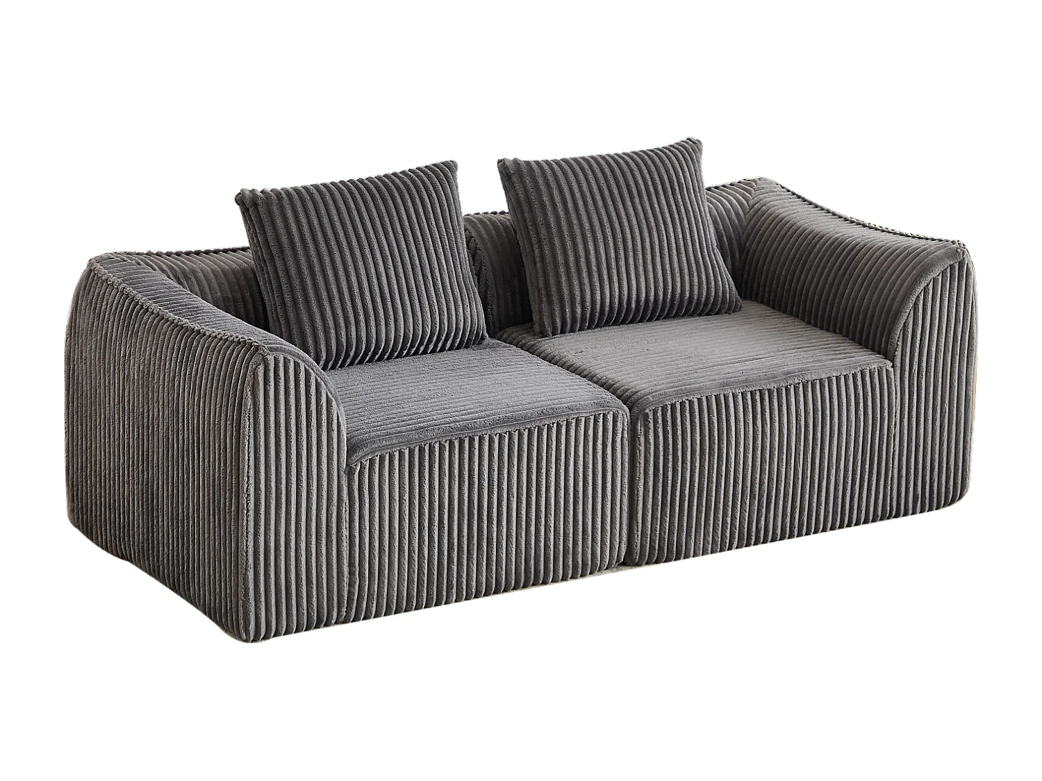 Canapé modulable 2 places en tissu velours côtelé gris avec 2 coussins