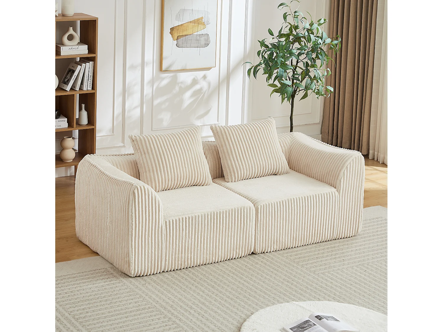 Canapé modulable 2 places en tissu velours côtelé beige avec 2 coussins