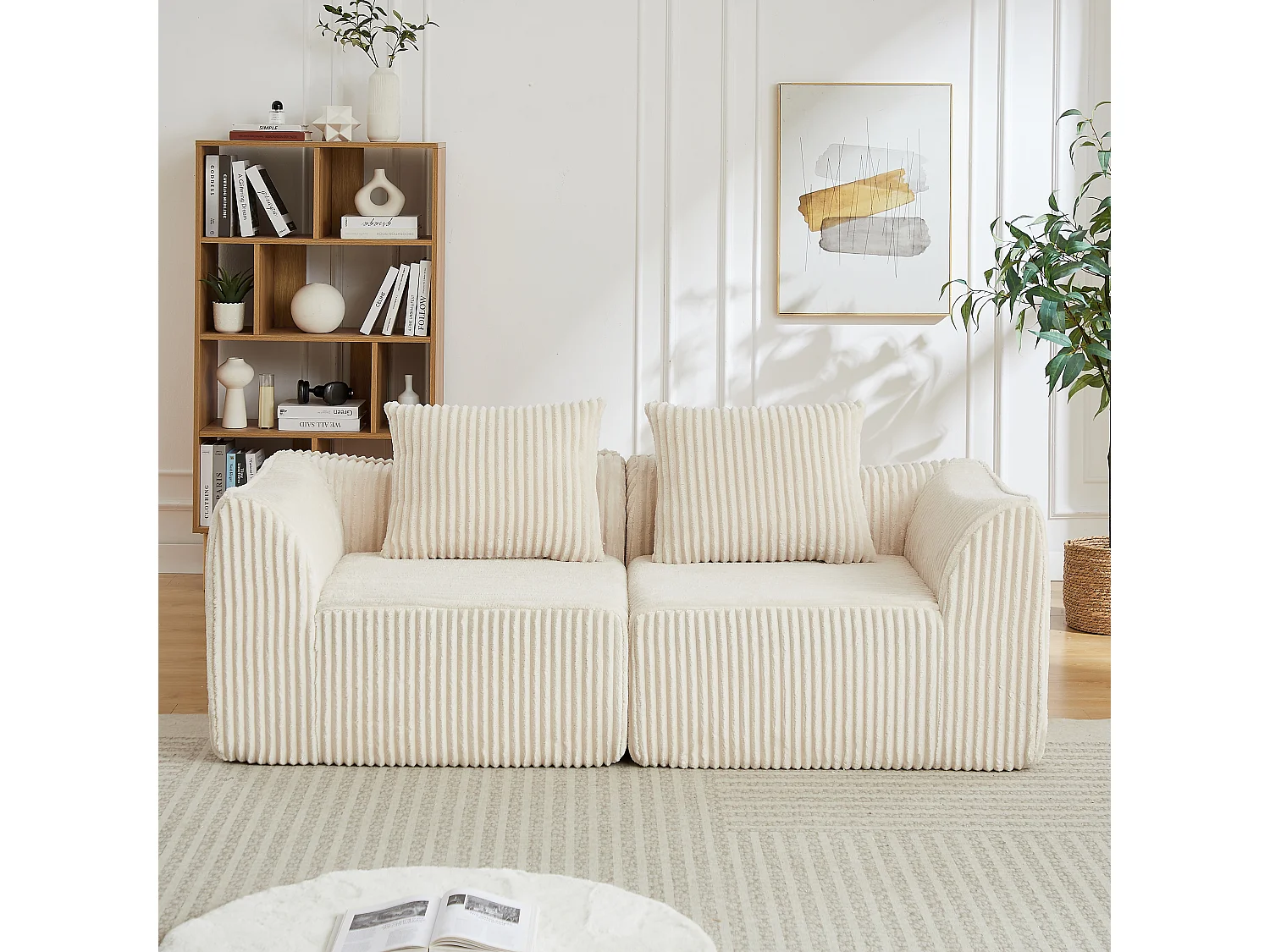 Canapé modulable 2 places en tissu velours côtelé beige avec 2 coussins