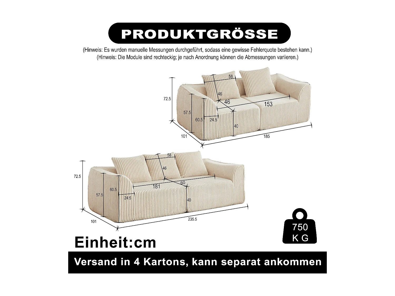 Canapé modulable 2 places en tissu velours côtelé beige avec 2 coussins