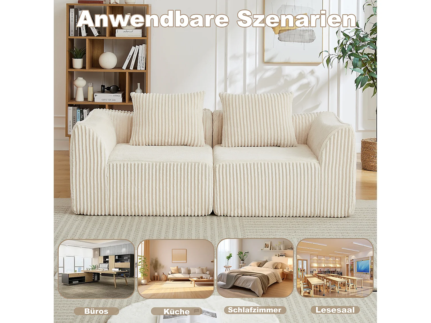 Canapé modulable 2 places en tissu velours côtelé beige avec 2 coussins