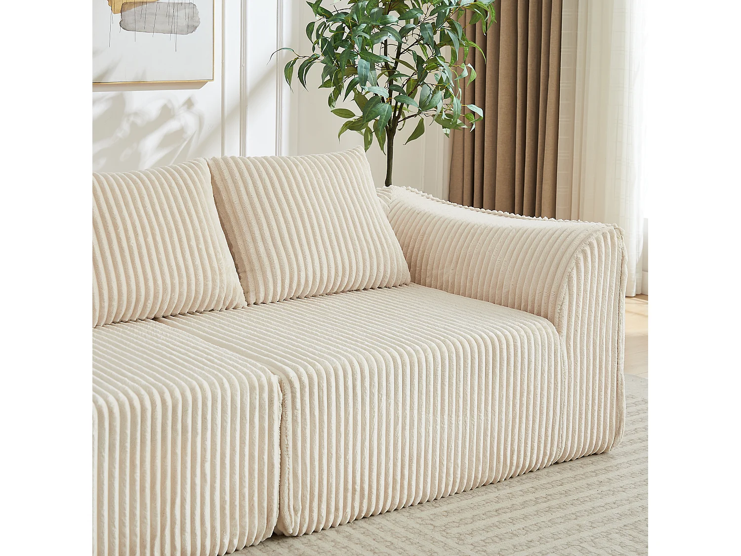 Canapé modulable 2 places en tissu velours côtelé beige avec 2 coussins