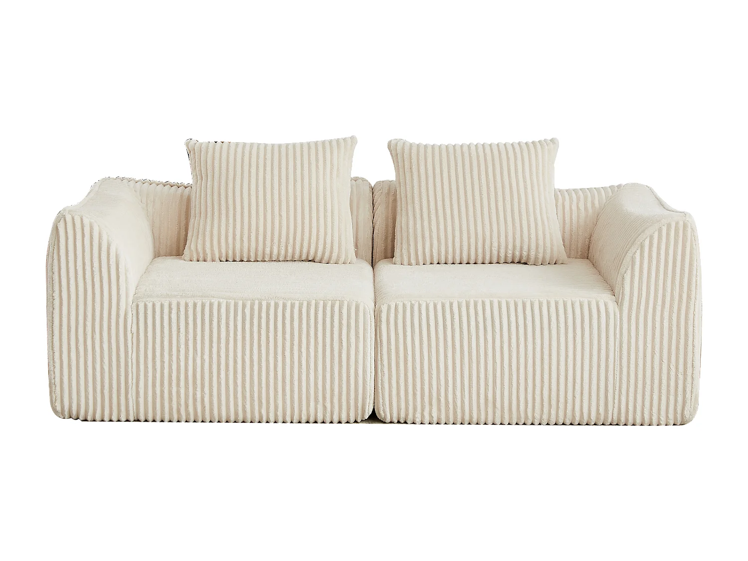 Canapé modulable 2 places en tissu velours côtelé beige avec 2 coussins