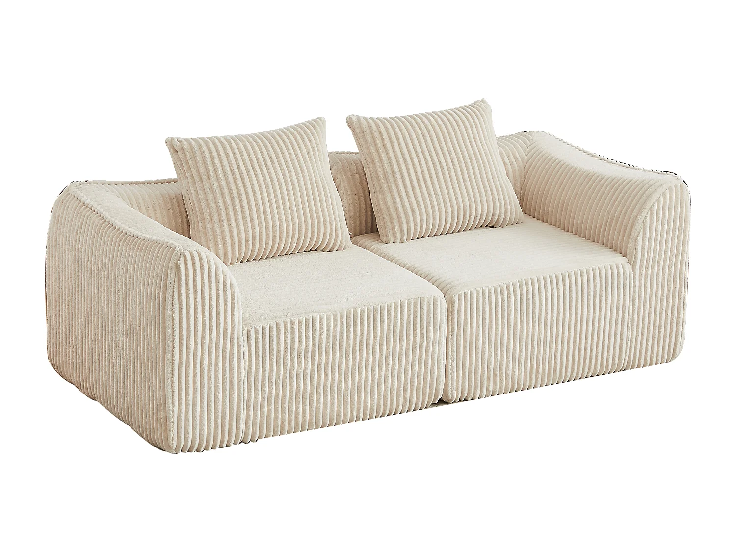 Canapé modulable 2 places en tissu velours côtelé beige avec 2 coussins