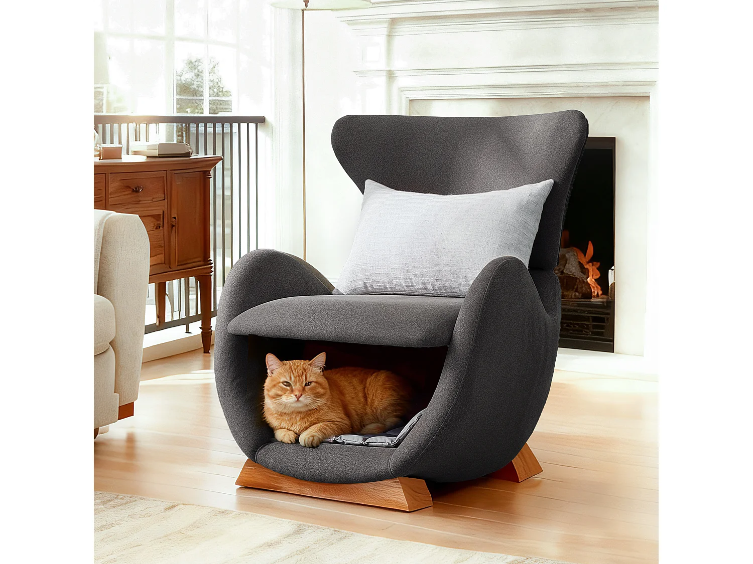 Designfauteuil in walvishaai-stijl met dierennis, grijze stof
