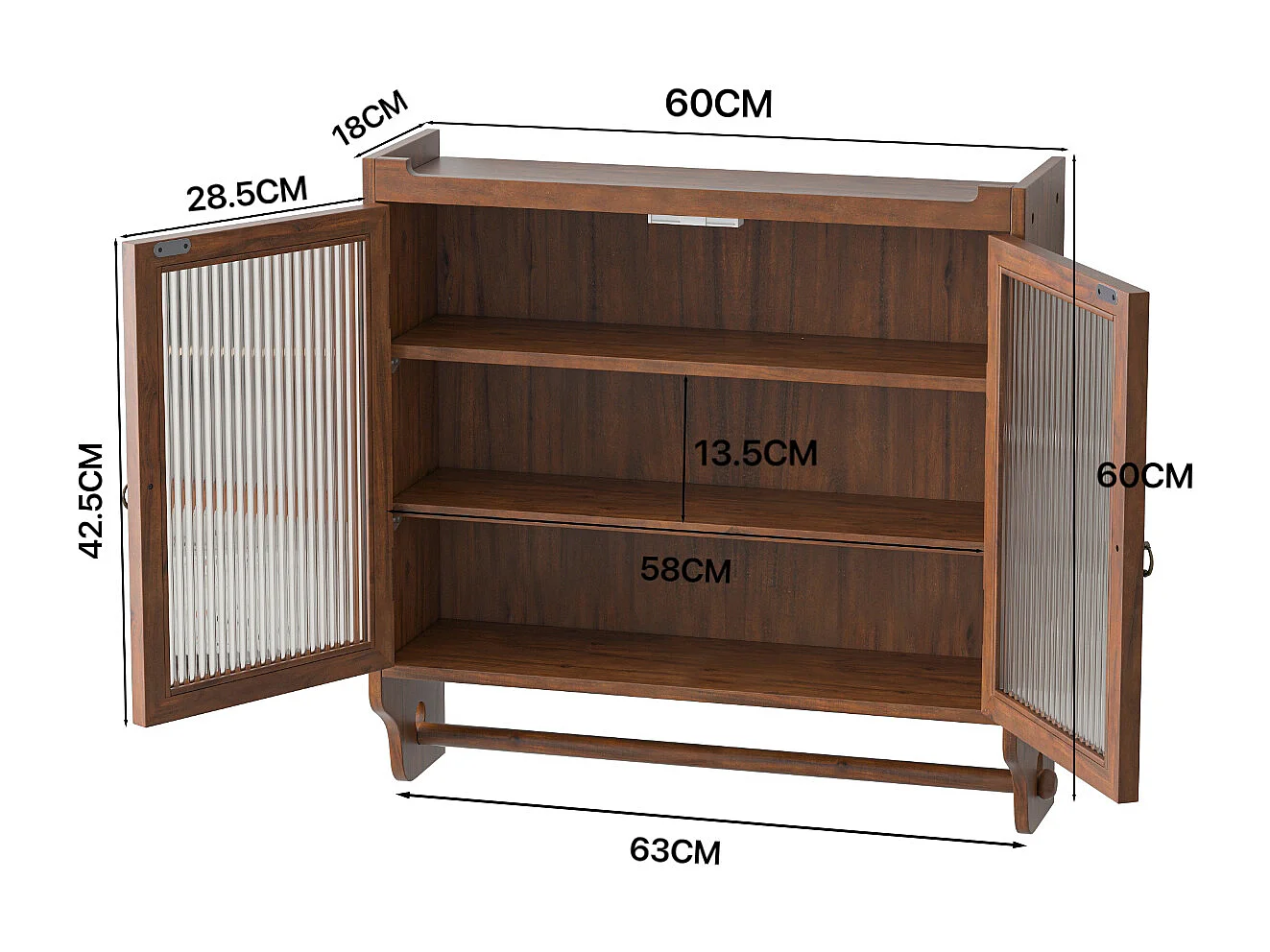 Armoire murale vintage avec 2 portes, 3 étagères - Bois + verre - Marron