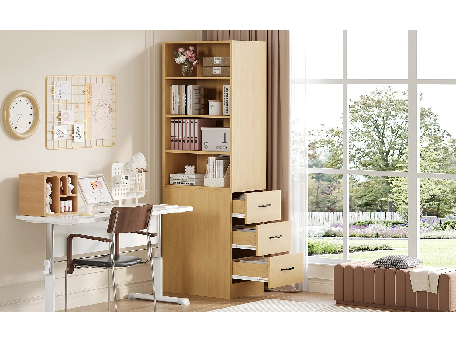 Bibliothèque avec 3 tiroirs latéraux et étagères - Naturel clair 60x38x180 cm