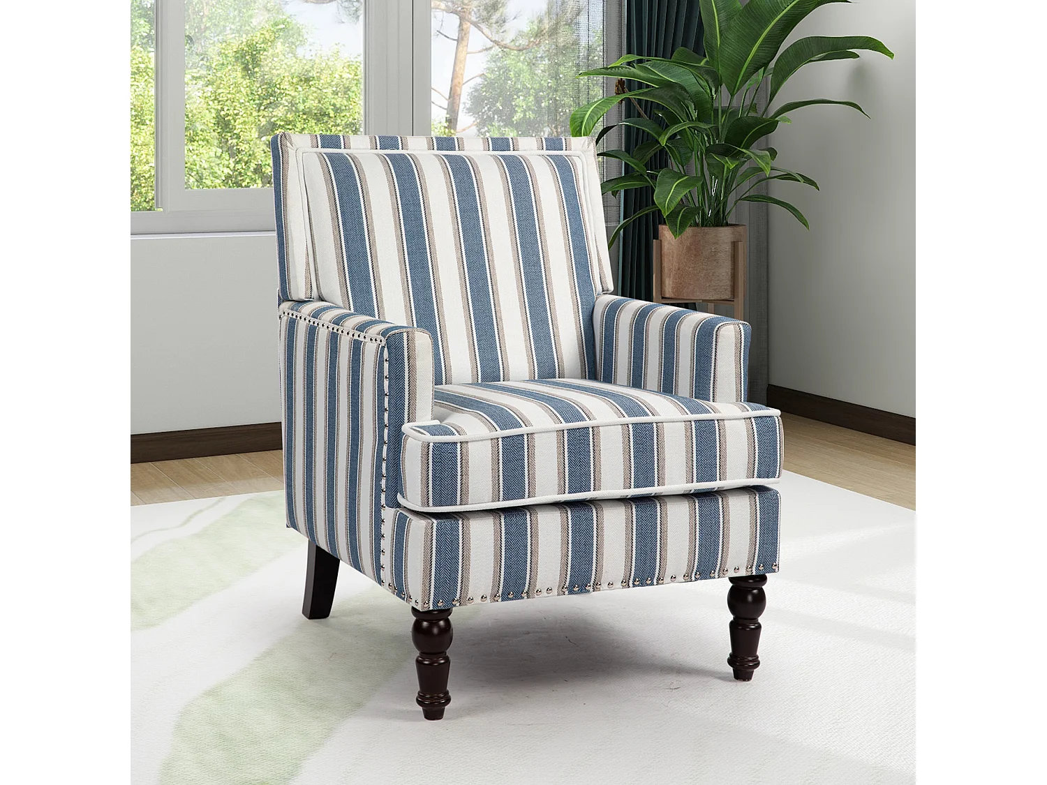 Sillón sencillo de algodón y lino a rayas azules y blancas, patas de madera.