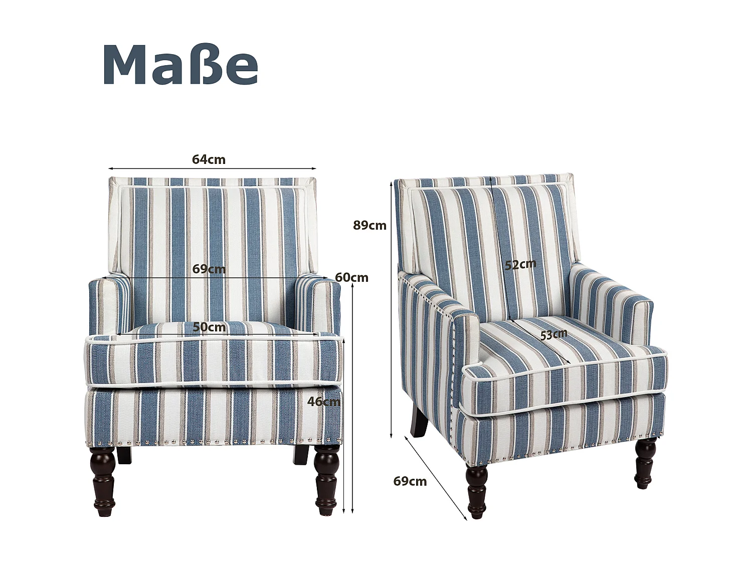 Sillón sencillo de algodón y lino a rayas azules y blancas, patas de madera.