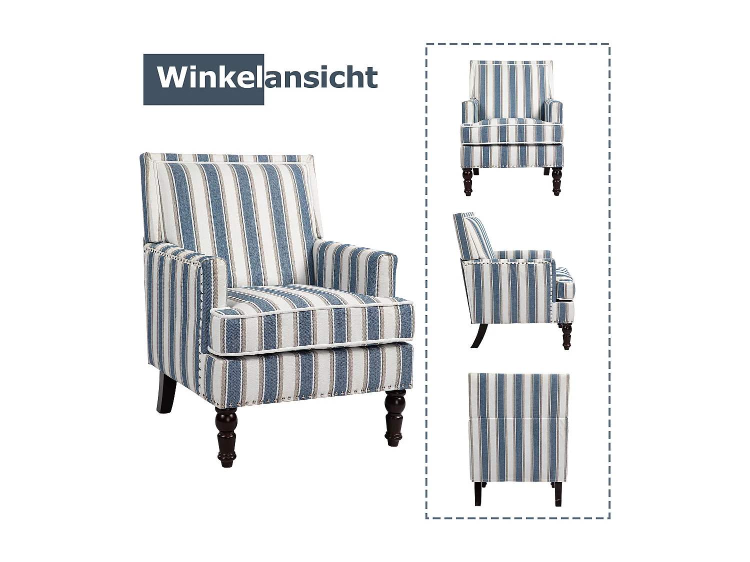 Sillón sencillo de algodón y lino a rayas azules y blancas, patas de madera.