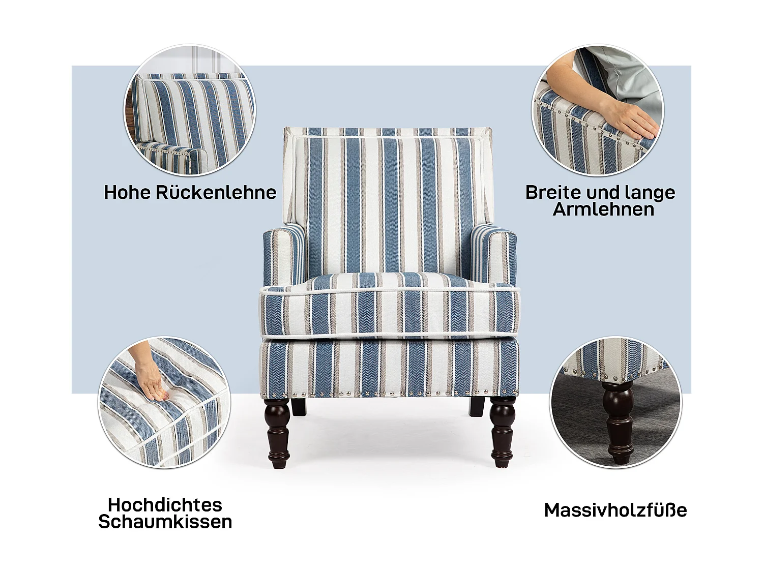 Sillón sencillo de algodón y lino a rayas azules y blancas, patas de madera.