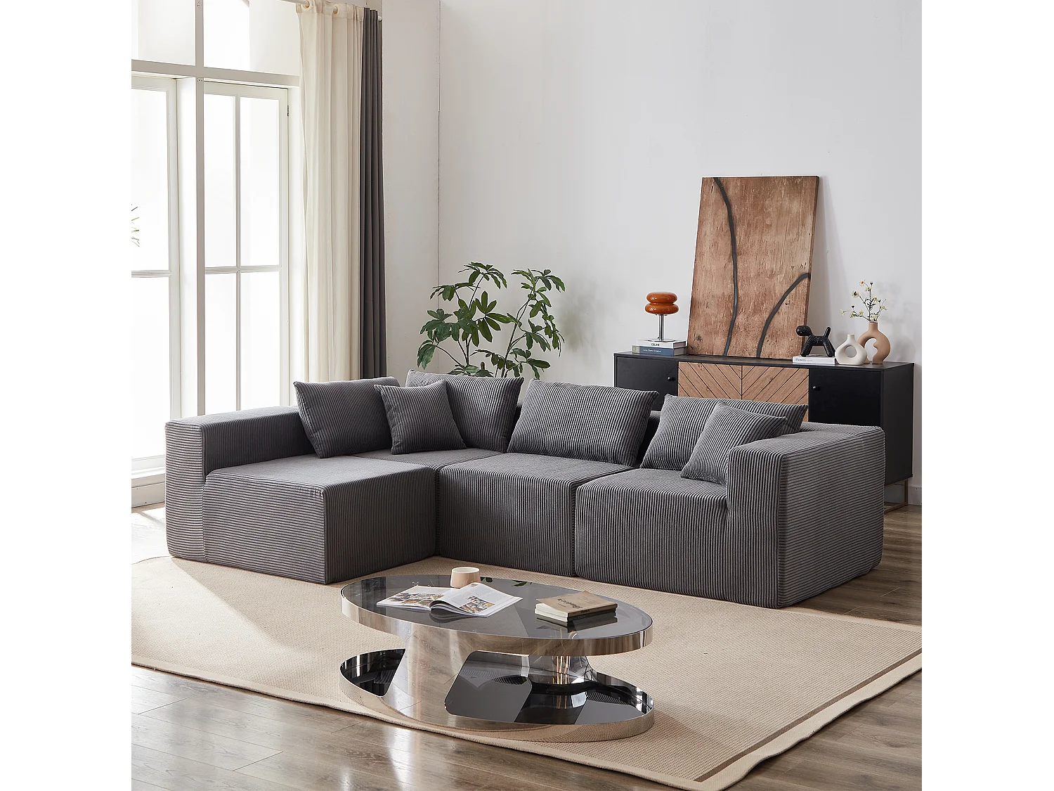 Canapé d'angle modulable 4 places en velours côtelé gris - 4 pièces